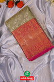 Olive Green Pure Handloom Kanchipuram Saree With Gold Zari Pink Border