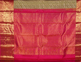 Olive Green Pure Handloom Kanchipuram Saree With Gold Zari Pink Border