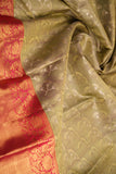 Olive Green Pure Handloom Kanchipuram Saree With Gold Zari Pink Border