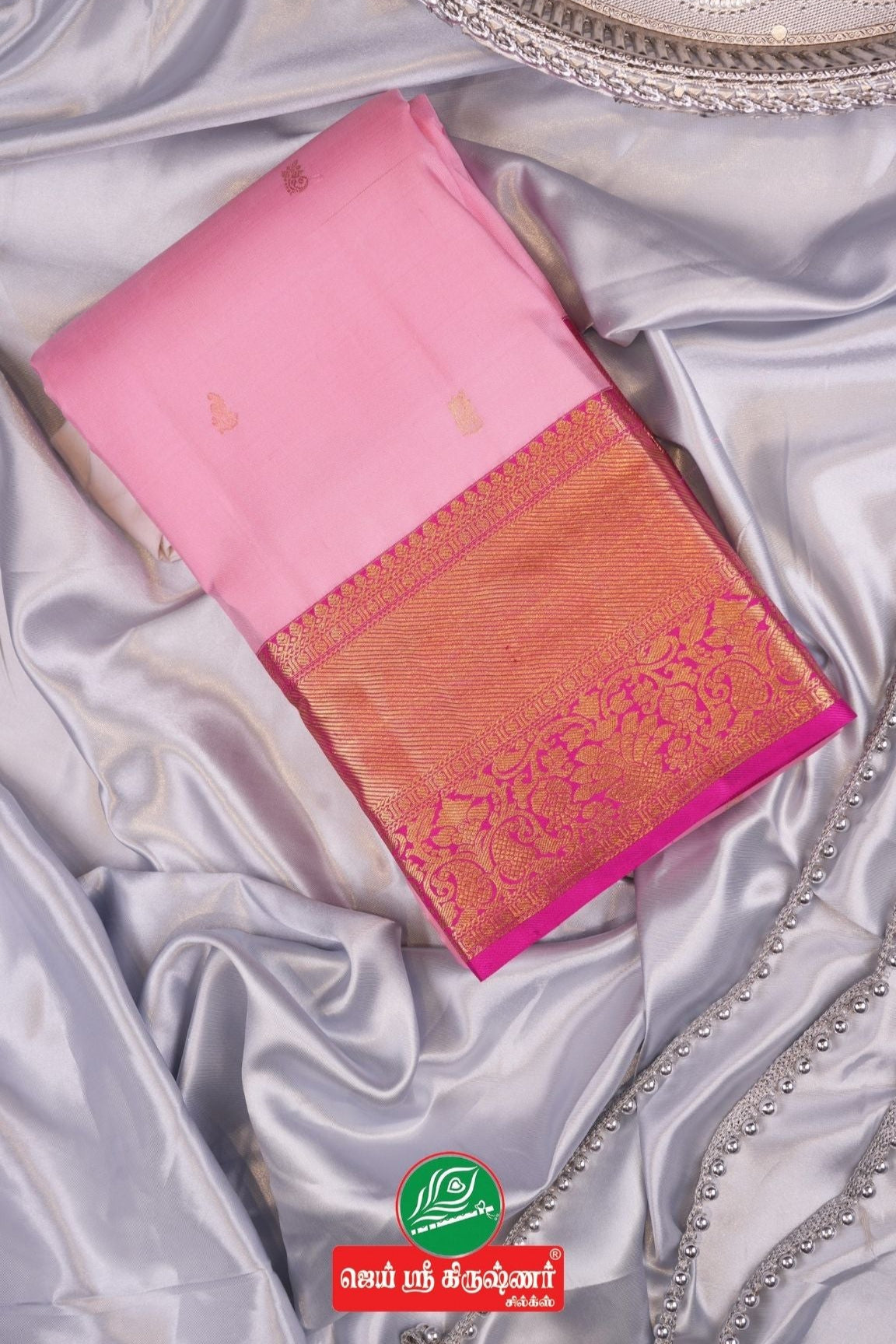 Light Pink Pure Handloom Kanchipuram Saree With Gold Zari Dark Pink Border