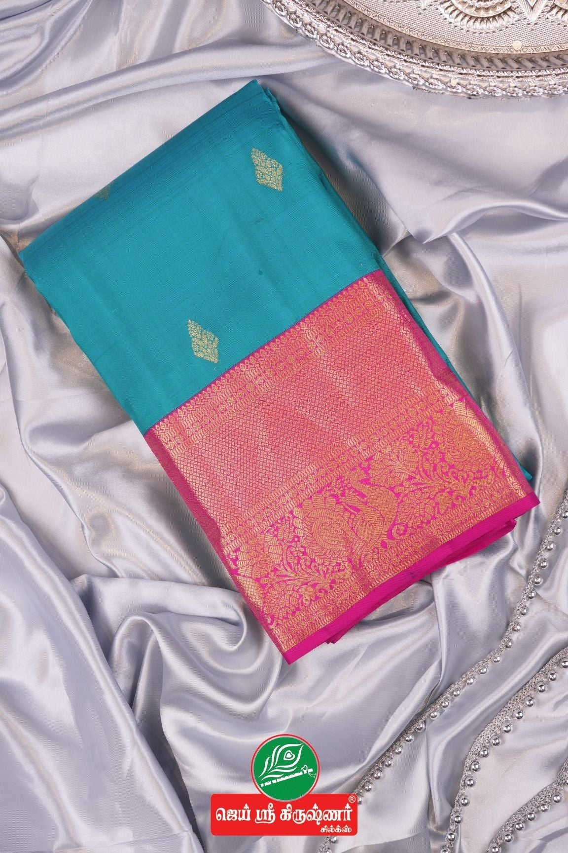 Blue Pure Handloom Kanchipuram Saree With Pink Gold Zari Border