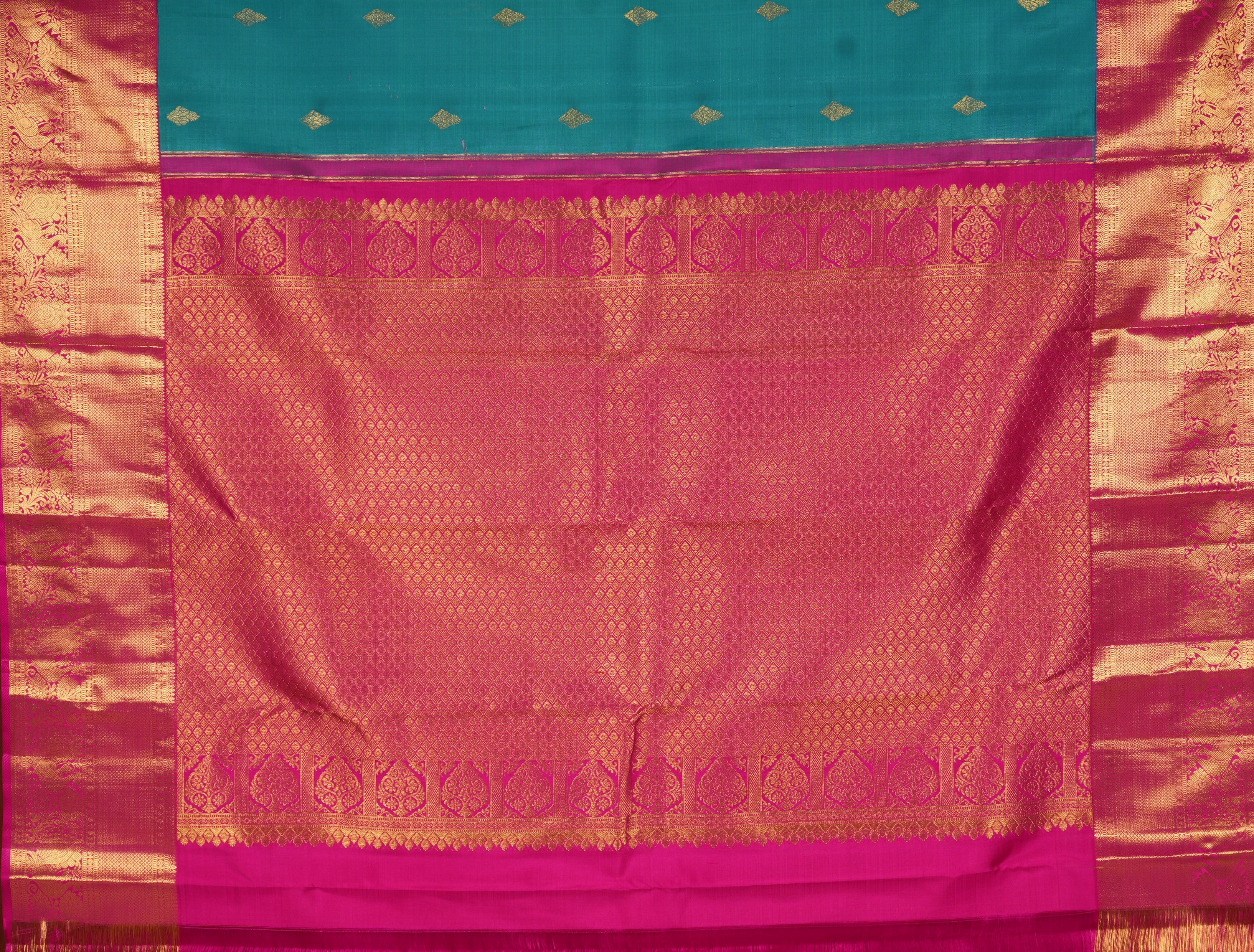 Blue Pure Handloom Kanchipuram Saree With Pink Gold Zari Border