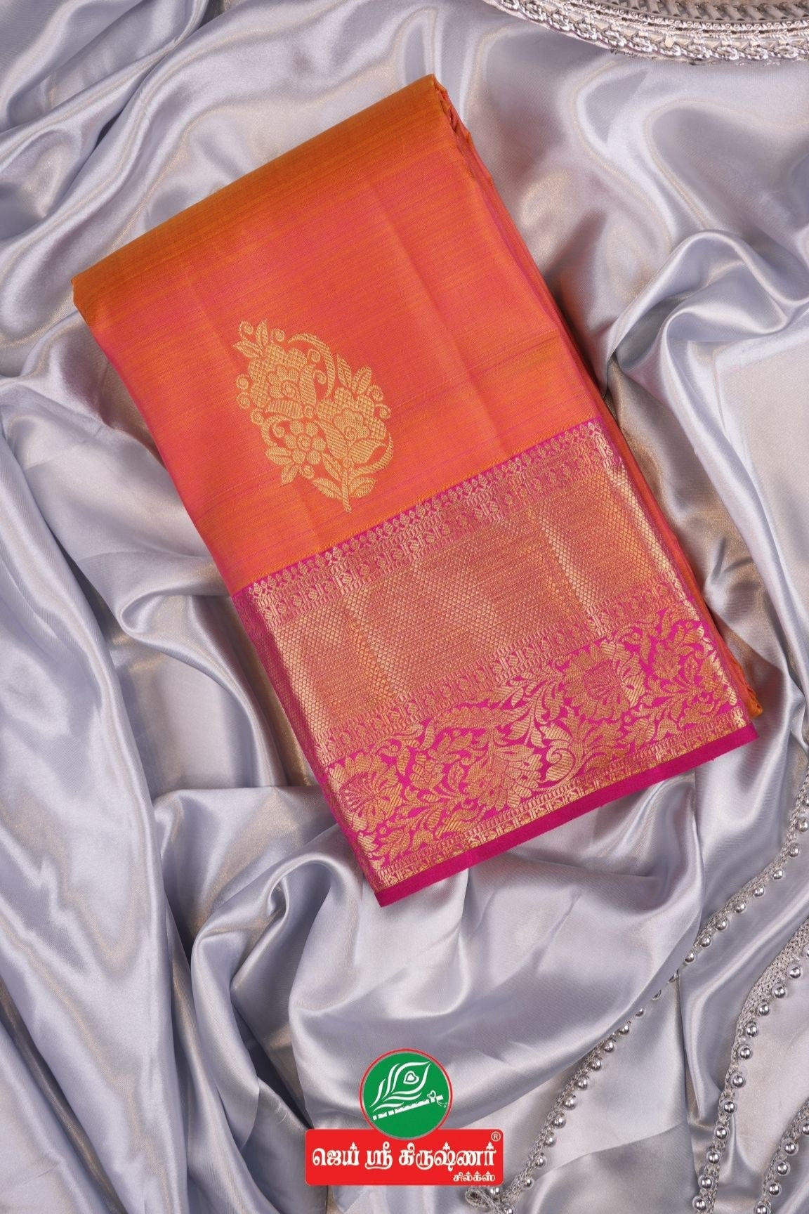 Orange Pure Handloom Kanchipuram Saree With Gold Zari Dark Pink Border