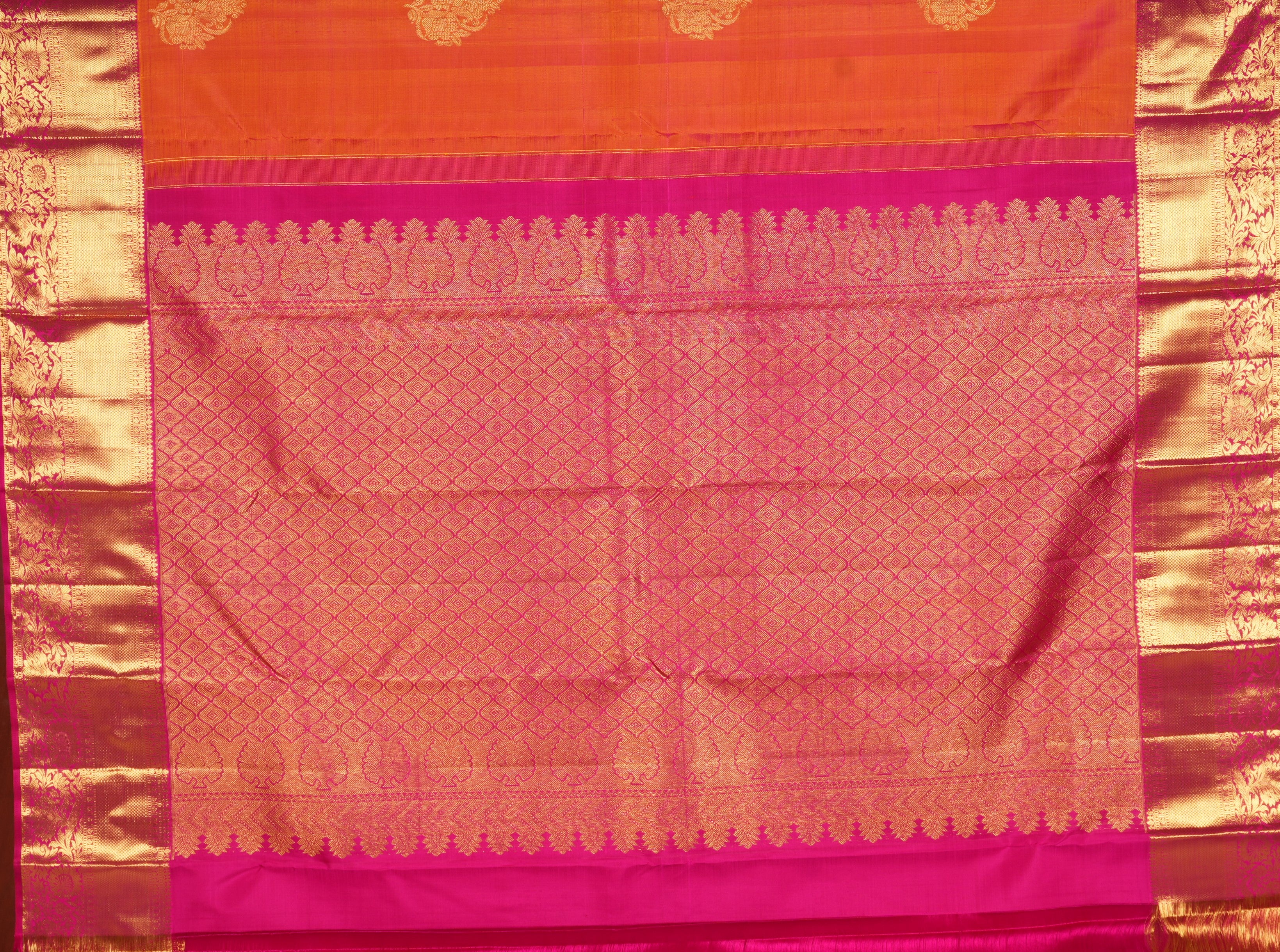 Orange Pure Handloom Kanchipuram Saree With Gold Zari Dark Pink Border
