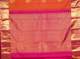Orange Pure Handloom Kanchipuram Saree With Gold Zari Dark Pink Border