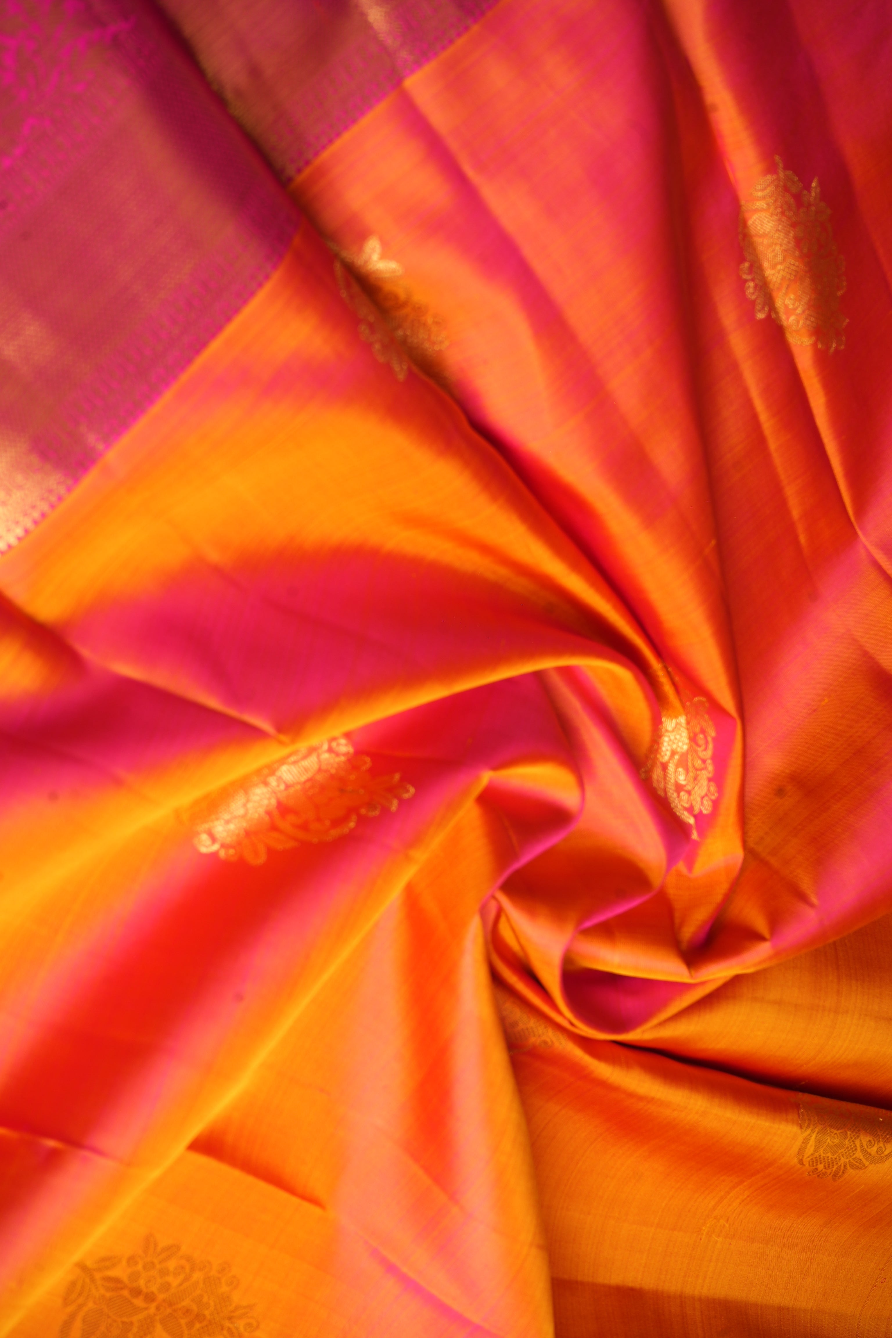 Orange Pure Handloom Kanchipuram Saree With Gold Zari Dark Pink Border
